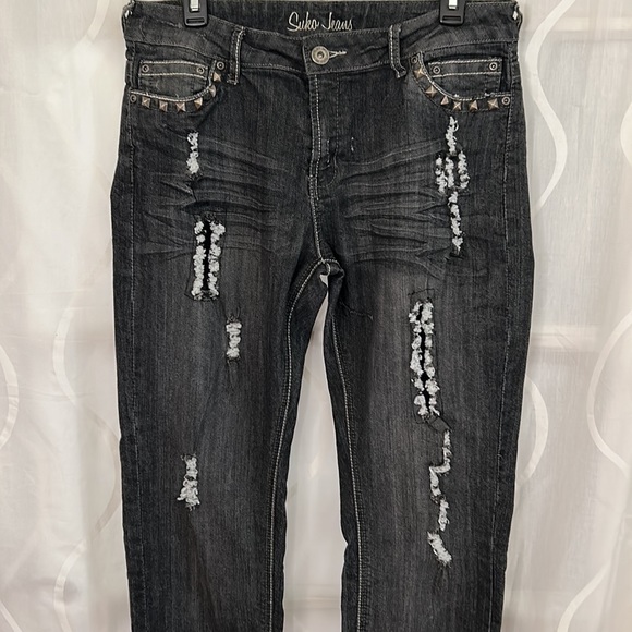 Suko Black Distressed Jeans With Silver Studs, Size 12 - Picture 2 of 6